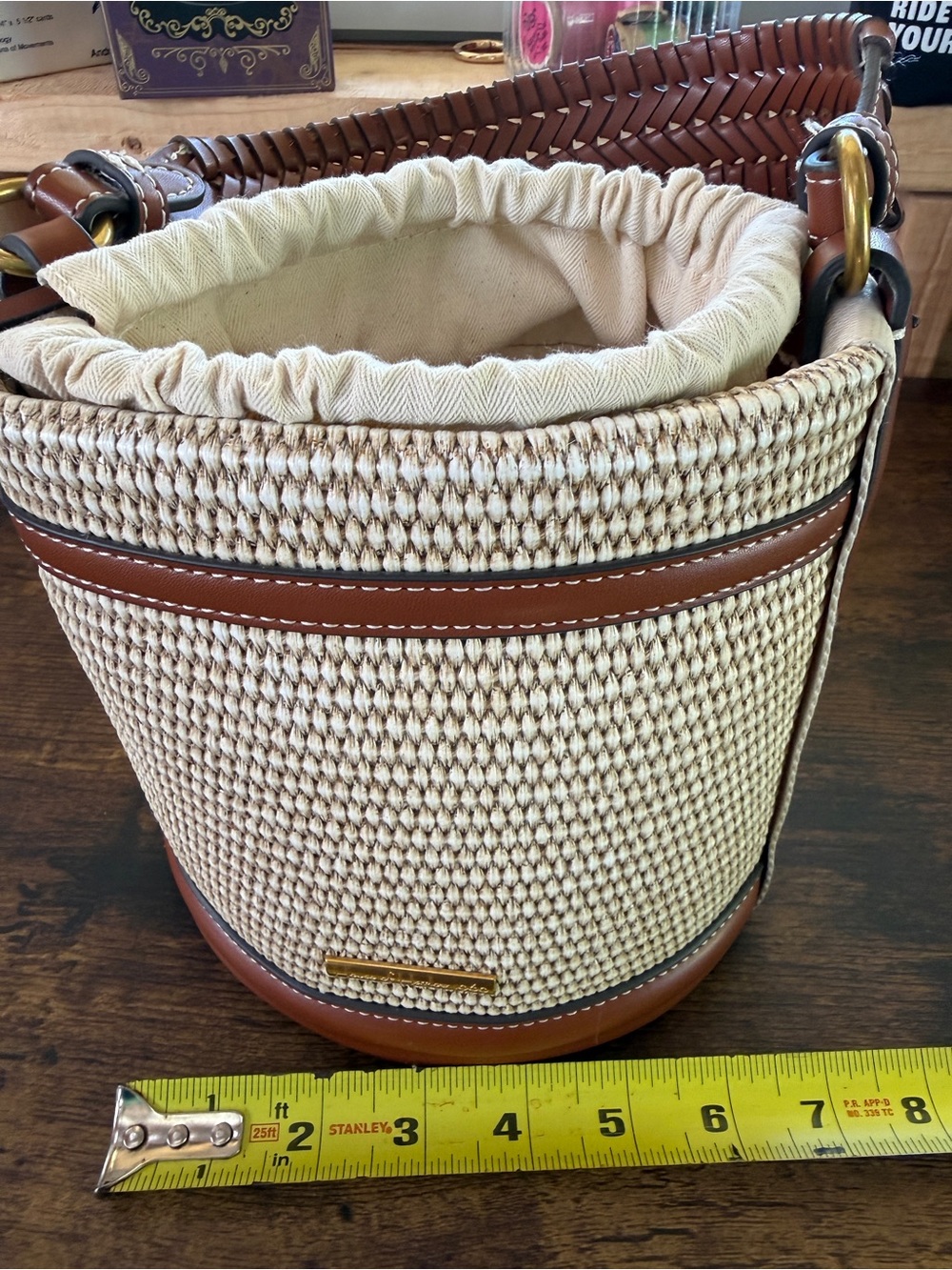House of Harlow 1960 Bucket Shoulder Bag in Cream with Brown Vegan Leather - Picture 4 of 12